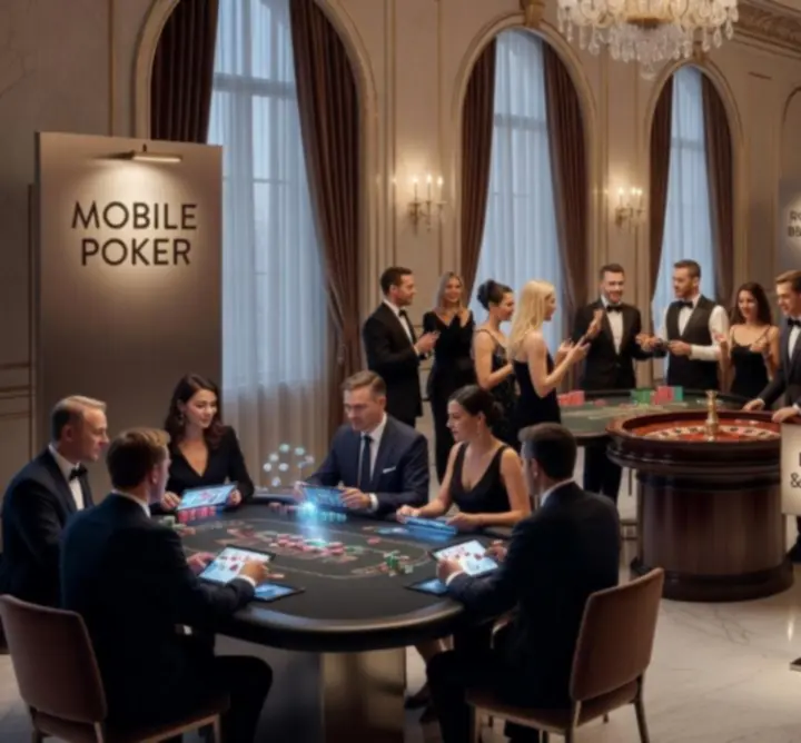 Montaż zdjęć prezentujący różne formaty eventów: mobilny poker, ruletka, event firmowy i impreza prywatna w eleganckich wnętrzach.