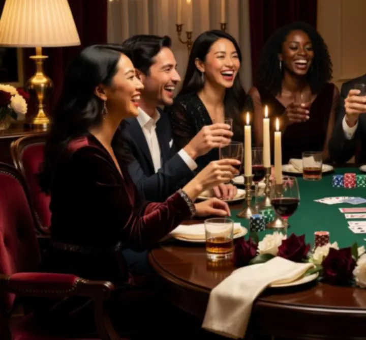Goście śmiejący się i celebrujący podczas wieczoru pokerowego