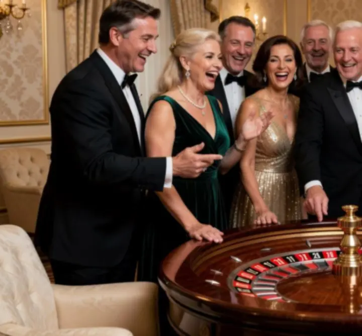 Goście przy stole ruletkowym śledzący wirującą kulkę podczas eleganckiego wydarzenia