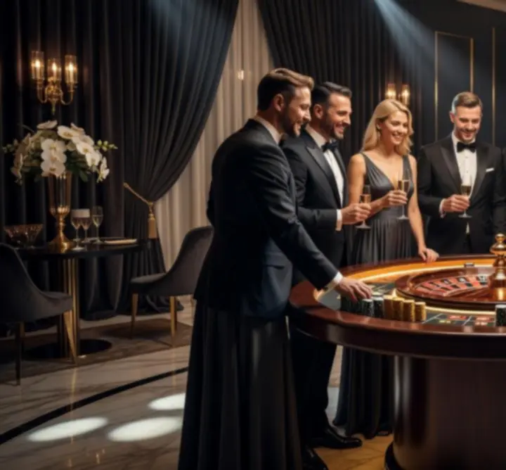 Ciemna, elegancka scena z oświetlonym stołem do ruletki podczas eventu