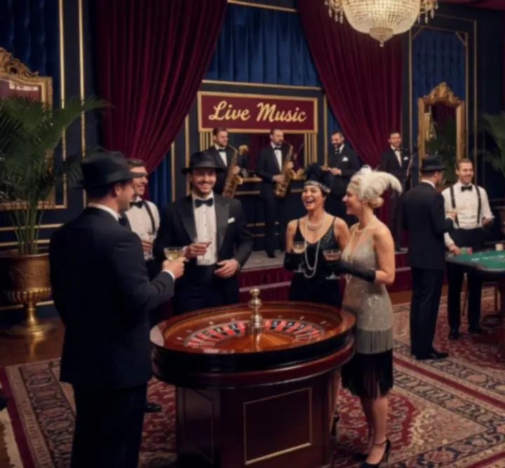 Goście podczas tematycznej imprezy w stylu kasyna i Wielkiego Gatsby'ego
